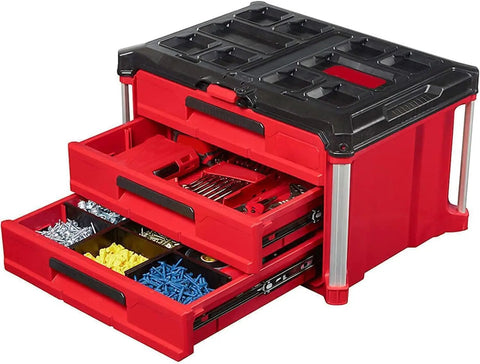 Packout Compatible 3 Drawer Tool Box With Lockable Security Bar 50 lbs Capacity red and black tool chest with open drawers and organizer tray