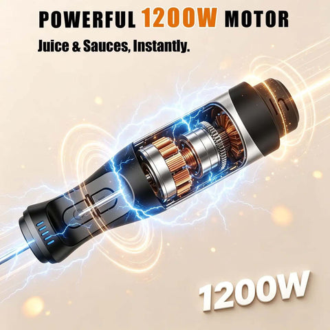 Close-up of the powerful motor inside the Badass 1200W Immersion Blender with visible components and electric sparks.