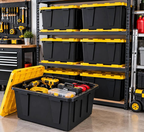 Rock Solid Heavy Duty Storage Totes With Secure Lids 27 Gallon 4 Pack Stackable Plastic Bins 100 Pound Capacity, organized garage storage.