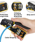 RJ45 Crimp Tool Kit All In One Ethernet Crimper With Cable Tester And Wire Stripper in use stripping cable