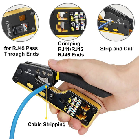 RJ45 Crimp Tool Kit All In One Ethernet Crimper With Cable Tester And Wire Stripper in use stripping cable