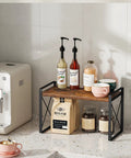 Totally Legit Countertop Shelf Organizer Rack, Rustic Brown Spice Holder, Kitchen Counter Pantry Display Stand, Versatile Bathroom Storage, Sweet Space Savers Clutter King For Tiny Homes with syrups and cups.