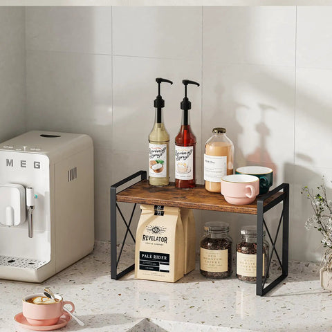 Totally Legit Countertop Shelf Organizer Rack, Rustic Brown Spice Holder, Kitchen Counter Pantry Display Stand, Versatile Bathroom Storage, Sweet Space Savers Clutter King For Tiny Homes with syrups and cups.