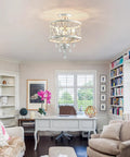 Straight Up Stunning Three Light Semi Flush Mount Crystal Ceiling Light Fixture In Vintage Rustic White Finish For Farmhouse Hallway Kitchen Entryway Bedroom Or Living Room, above a stylish office desk.