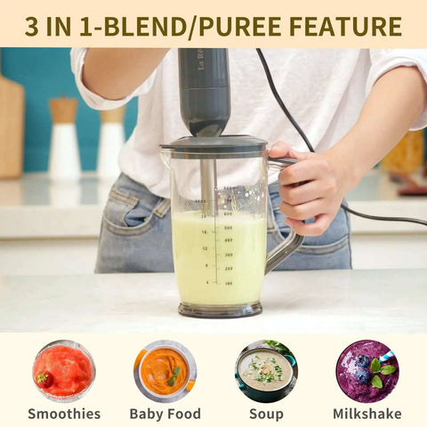 Heavy Duty Handheld Immersion Blender With 300 Watt Motor And Ultra Quiet Operation blending ingredients in measuring pitcher