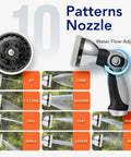 Close-up of a ten pattern nozzle for Five Eighth Inch By One Hundred Foot Heavy Duty Retractable Garden Hose Reel with flow adjuster.