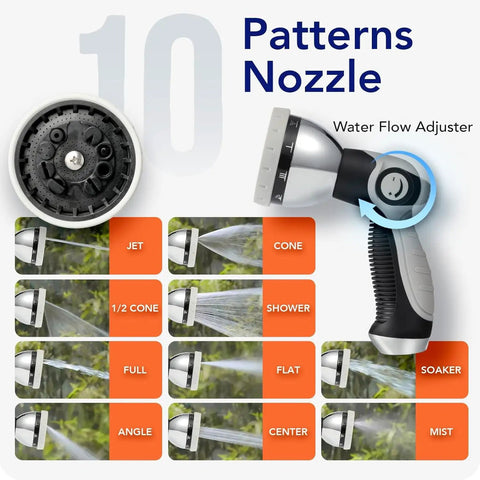 Close-up of a ten pattern nozzle for Five Eighth Inch By One Hundred Foot Heavy Duty Retractable Garden Hose Reel with flow adjuster.