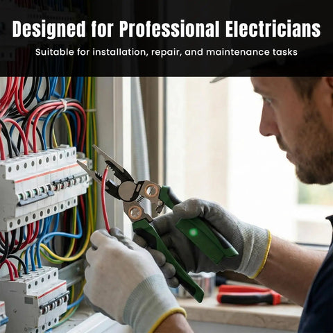 Electrician using 8 In 1 Wire Stripper And Do It All Multi Tool Pliers With Built In Voltage Tester Cutter And Crimp Tool Heavy Duty