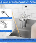 Commercial Mop Sink Faucet With Vacuum Breaker, Wall Mount 8 Inch, 3/4 Inch Hose Thread, Pail Hook, Chrome Plated in utility area