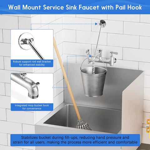 Commercial Mop Sink Faucet With Vacuum Breaker, Wall Mount 8 Inch, 3/4 Inch Hose Thread, Pail Hook, Chrome Plated in utility area