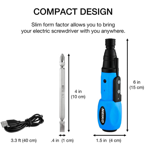 Cordless Power Screwdriver With Auto Lock One Quarter Inch Hex Chuck, USB rechargeable, shown with Phillips bit and cable