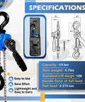 Specifications of Mini Chain Hoist Quarter Ton Lift Capacity 550 Lbs With 10 Ft Lift Alloy Steel G80 Chain and dual hooks
