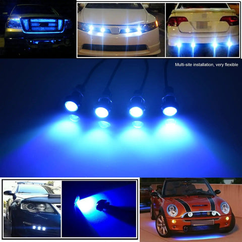 Universal Amber LED Front Grille Marker Lights with Projector Lens installed on various vehicles, showcasing blue illumination.