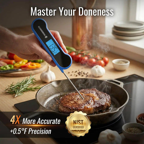 Person using 0.5 Second Instant Read Digital Meat Thermometer With 0.5 Degree Fahrenheit Precision Ultra Fast Food Thermometer For Grilling Oven Candy And BBQ Kitchen Gadgets Great Gift For Him Dad Men Birthday Blue