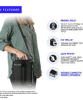 Fridge Cold Expandable Insulated Lunch Box Keeps Your Grub Frosty All Day With Twin Ice Walls Zero Leak Guarantee And Roomy Interior Fit For School Or Nine To Five Grind In Black And Silver displayed with a shoulder strap