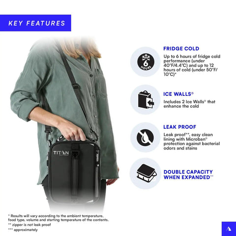 Fridge Cold Expandable Insulated Lunch Box Keeps Your Grub Frosty All Day With Twin Ice Walls Zero Leak Guarantee And Roomy Interior Fit For School Or Nine To Five Grind In Black And Silver displayed with a shoulder strap