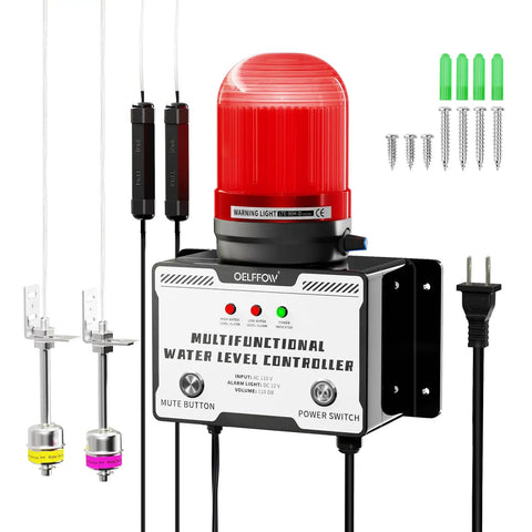 Heavy Duty 110V Water Level Alarm With High Low Detector 110dB Siren And Light Outdoor Rated Water Level Monitor shown with accessories