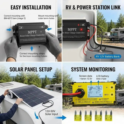 Beefy 600W MPPT Solar Charge Controller for 24V to 72V Batteries Boost Solar Charger with 12 to 55V Input LCD Display setup images.
