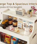 White storage organizer holding jars, sugar packets, and decorative items on top with large interior space
