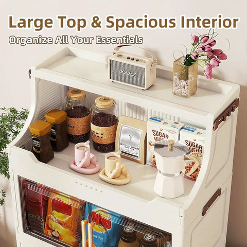 White storage organizer holding jars, sugar packets, and decorative items on top with large interior space