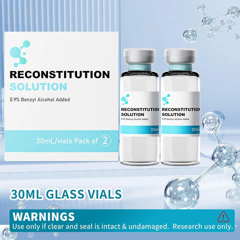 Front view of Reconstitution Solution 30ml glass vials (2) with white box and blue labels.