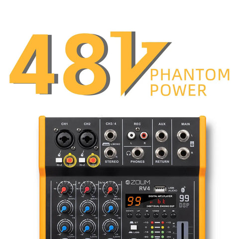 Four Channel DJ Mixer Interface With 48V Phantom Power Bluetooth And USB Audio, 99 DSP Effects Presets for professional use