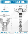 Product details showing 60 Pack Half Inch Overlay Soft Close Cabinet Hinges With Clip On Mounts, 105 Degree 3D Adjustable Concealed Cupboard Hinges for Kitchen Cabinets, with 160 screws, hinge dimensions.