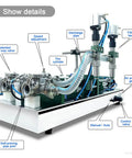 Heavy Duty Horizontal Liquid And Paste Filling Machine With Dual Pneumatic Heads, Adjustable Stainless Steel Bottle Filler, detailed view of components.