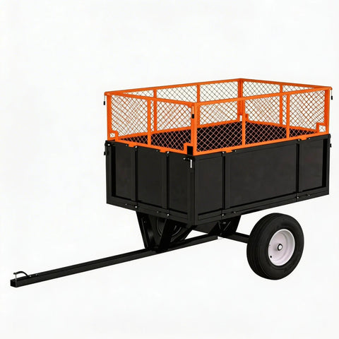 Heavy Duty Steel Utility Dump Trailer With 17 Cu Ft Capacity And 750 Lb Load, removable mesh sides, pneumatic tires, side view