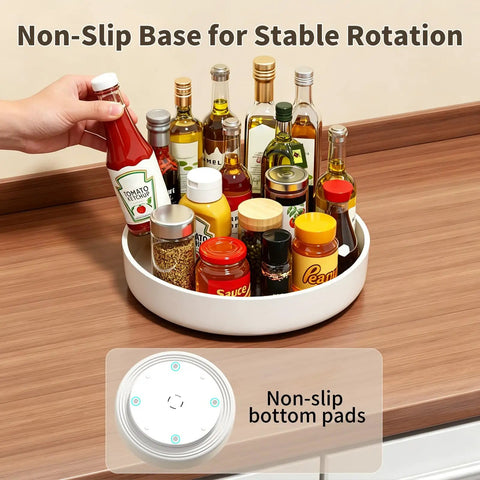 Large Capacity Lazy Susan Organizer For Pantry Cabinet And Kitchen Storage Featuring Super Slick 360 Spinner Turntable Spice Rack with non-slip base holding various condiments.