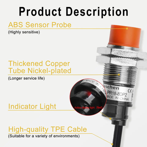 M18 Inductive Proximity Sensor Switch with 8mm Sensing Distance, 12 to 24V DC, 3 Wire PNP Normally Closed, Cylindrical Detector