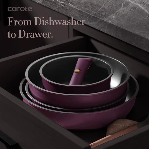 21 Piece Nonstick Pots And Pans Set With Detachable Handle Induction Friendly Cookware For RV And Home Gold And Purple Finish