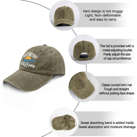 Life Is Better By The River Quote Baseball Hat For Men, Dope Camping Ready Cap showcasing adjustable fit and curved brim.