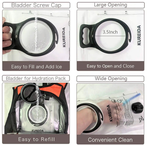2 Liter Hydration Bladder Leak Proof Water Reservoir with wide opening, showing fill cap and easy cleaning features in use.
