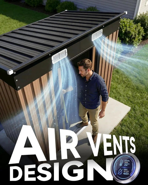 Person entering 6x4Ft Outdoor Storage Shed with air vents, waterproof metal design, sliding door for poolside garden gear organization.