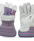 Heavy Duty Leather Palm Work Gloves 60 Pair Pack Cowhide With Suede Finish Single Or Double Palm 100 Percent Leather Palm And 100 Percent Cotton Back Gray Breathable For All Day Comfort Grip Ready, front and back view