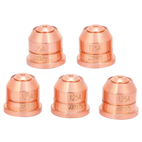 Solid 5 Piece 220975 Plasma Nozzle And Electrode Tip Combo Kit with five durable copper nozzles for cutting machines.