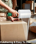 Person using Two-Pack Clear Industrial Stretch Wrap Film 5.1 Inch by 1000 Feet with Handle, 80 Gauge Heavy Duty for packaging a box.