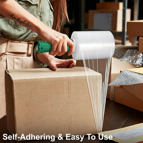 Person using Two-Pack Clear Industrial Stretch Wrap Film 5.1 Inch by 1000 Feet with Handle, 80 Gauge Heavy Duty for packaging a box.