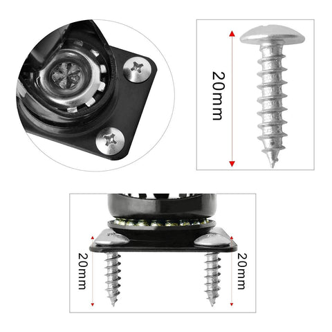 Close-up of 2 inch swivel caster wheels screws and bearing plate with precise 20mm measurements.