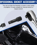 Built To Last Half Inch Drive Impact Socket Extension Set With 3 Inch 6 Inch And 8 Inch Extension Bars Universal Joint Socket Adapter Premium CR-V Steel Black Phosphate Finish, shown in use with manual wrench in engine bay.