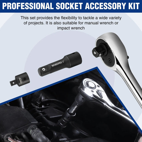 Built To Last Half Inch Drive Impact Socket Extension Set With 3 Inch 6 Inch And 8 Inch Extension Bars Universal Joint Socket Adapter Premium CR-V Steel Black Phosphate Finish, shown in use with manual wrench in engine bay.