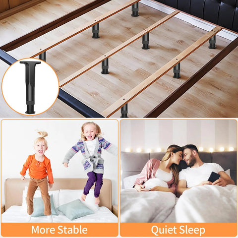 Heavy Duty Adjustable Bed Support Legs Eight Pack For No Sweat Furniture Leveling and Solid Room Setup Reinforcement installed under a bed.
