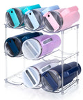 Stackable Water Bottle Organizer For 40 Oz Tumblers With Five Point Five Nine Inch Grid Spacing holds insulated cups on wire rack