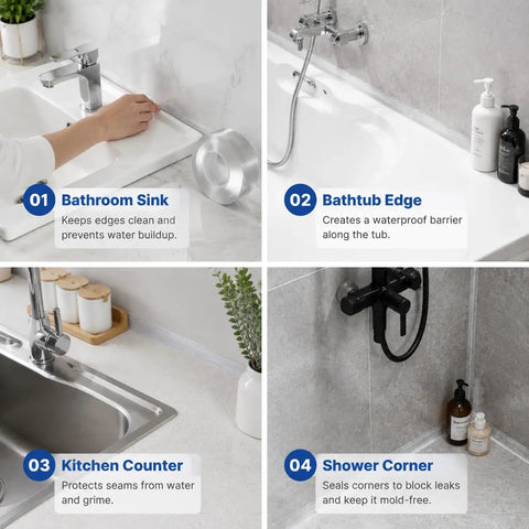 Crystal Clear Self Adhesive Waterproof Tape For Heavy Duty Sealing Bathtub Shower And Kitchen Sink With Invisible Finish That Never Yellow And Stays Put On Wall Corners For Easy Home Repairs used on bathroom sink, bathtub, kitchen counter, and shower corner.