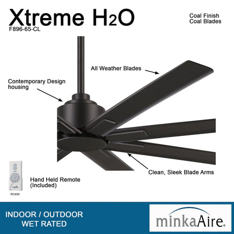 Xtreme H2O 65 Inch Outdoor Ceiling Fan with DC Motor in Coal Finish, showing blade design and remote control features.