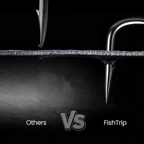 Comparison of hook penetration: others vs FishTrip from the 120 Piece EWG Worm Hook Set For Bass Fishing With Extra Wide Gap Offset Hooks.