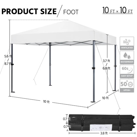 10x10 Pop Up Canopy No Fuss Easy Setup Tent For Backyard Parties And Outdoor Events With One Push To Lock Frame