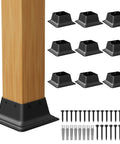 Beefy Heavy Duty Black Steel 3.6x3.6 Inch Square Post Base Caps For 4x4 Deck Posts 10 Pack Durable Anti Rust Powder Coated Metal Covers With Tight Fit For Outdoor Fences And Railing Posts, showing caps with screws and fitted on a wood post