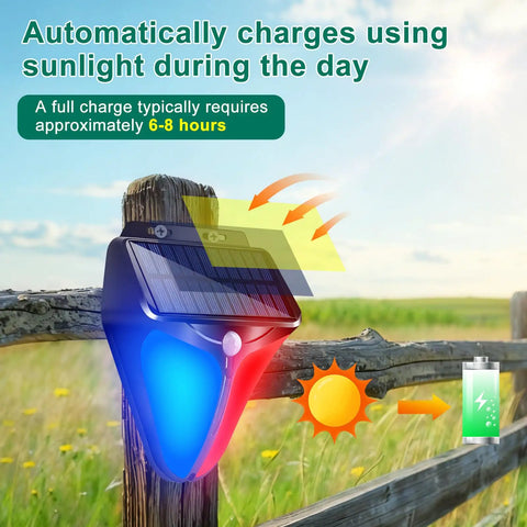 Solar Strobe Warning Lights With 90dB Alarm Outdoor 2 Pack on fence charging under sunlight, solar panel visible